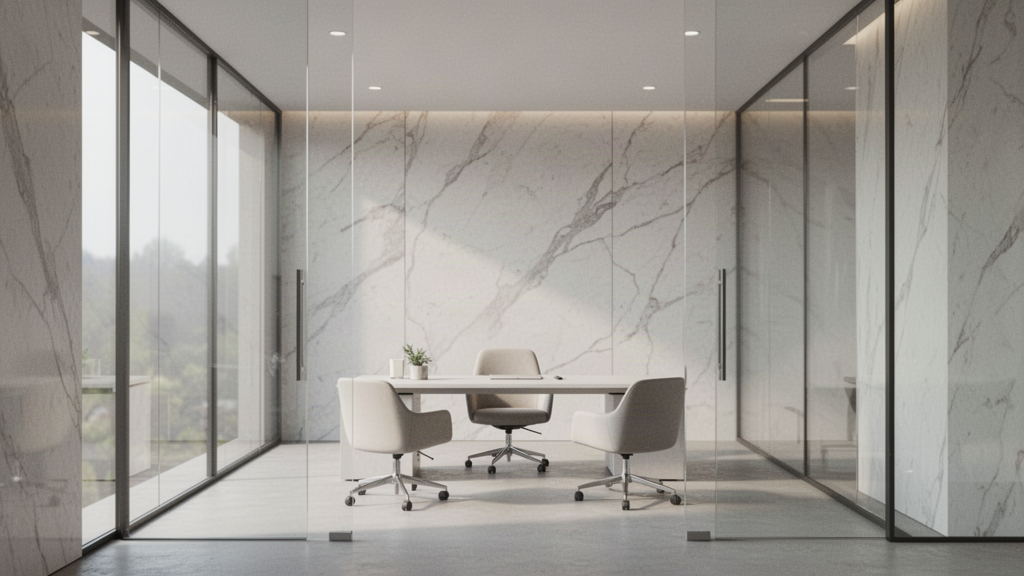 A calm glass and marble consultation room