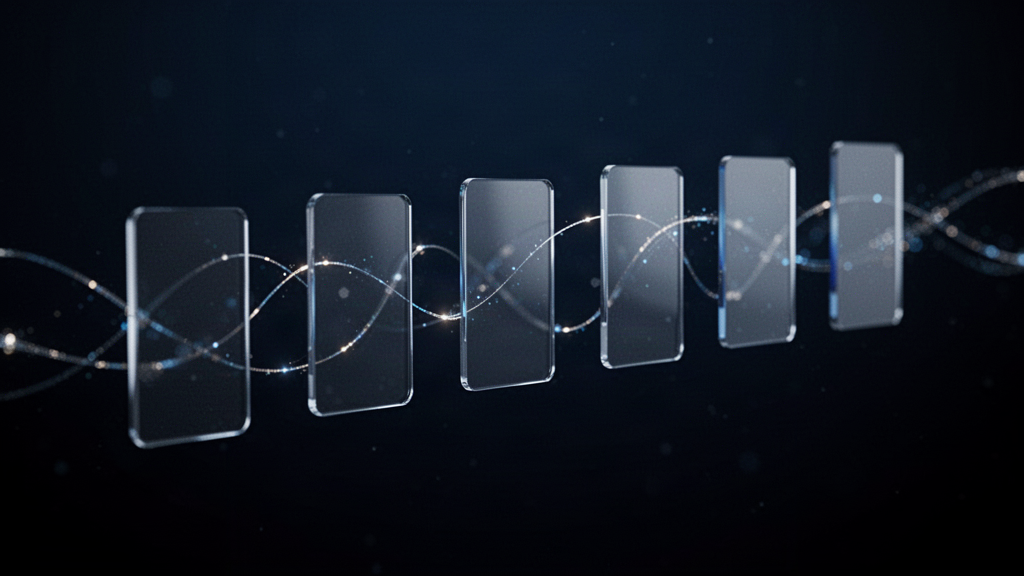 Translucent glass cards linked by lines of light