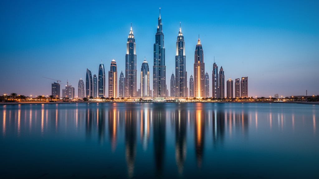 The Dubai skyline at blue hour reflected in calm water