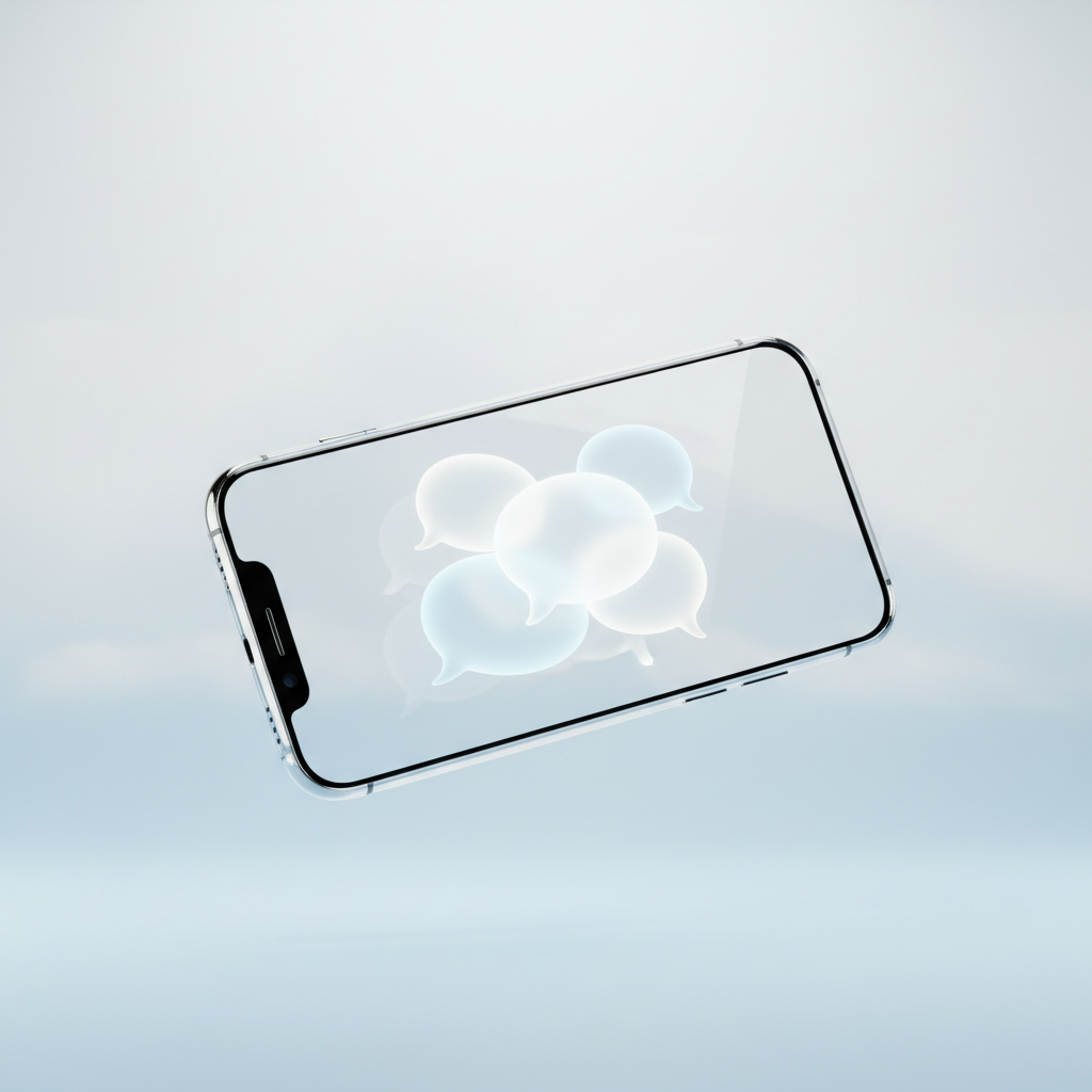 A floating glass smartphone with soft conversation bubbles