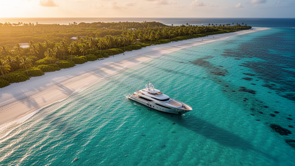 Aerial view of a turquoise coastline with a yacht at golden hour