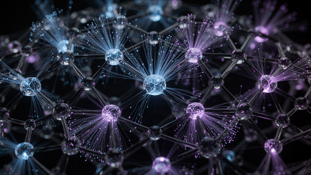 A dark glass lattice of glowing network nodes