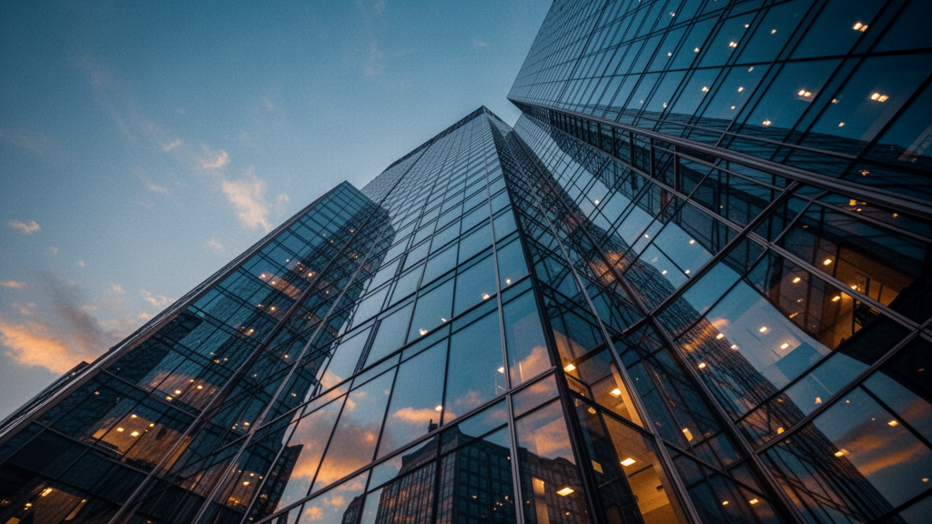 Looking up at a glass tower at dusk