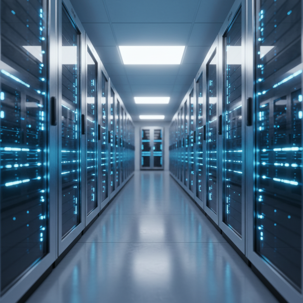 A data centre corridor lit by blue server lights