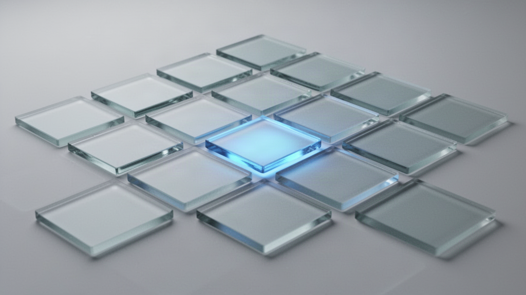 A grid of frosted glass tiles with one glowing blue