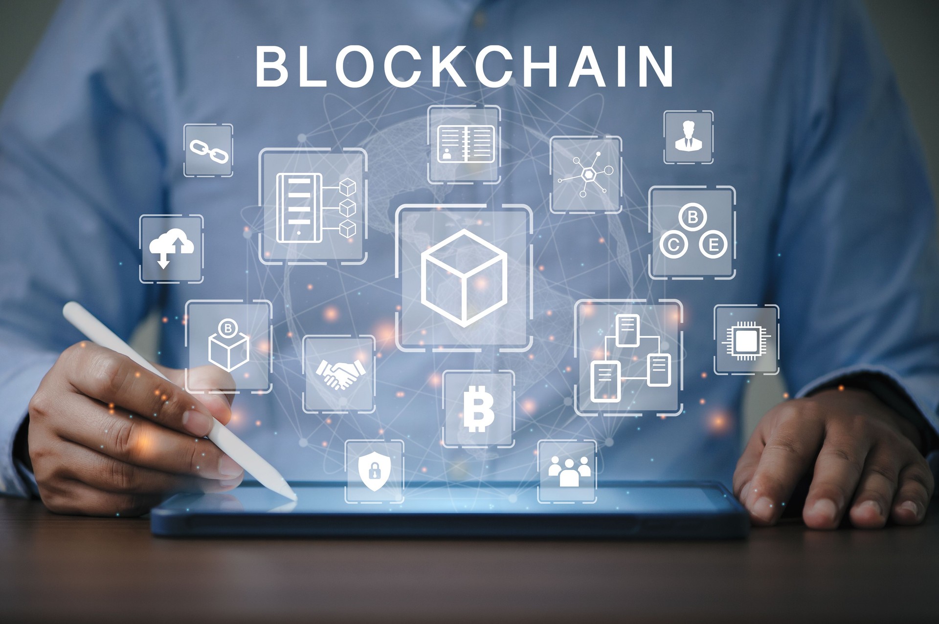 Blockchain system technology concept on a virtual screen in infographic icon, cryptocurrency, diagram, distribution, block, miner, Distribution, Ledger, and Transaction.